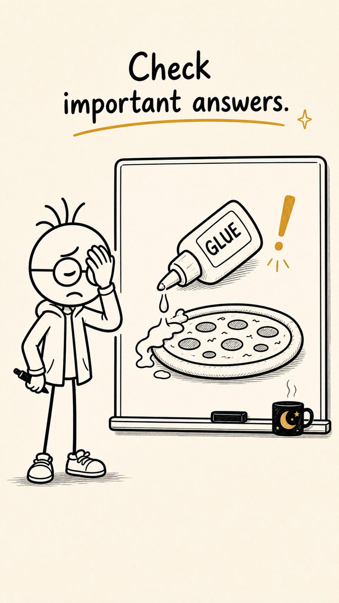 The Stick Figure AI host reacting to a bad AI answer that puts glue on pizza.
