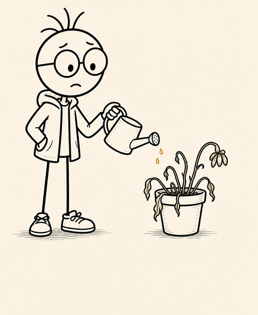 The Stick Figure AI host watering a pot of dead plants.
