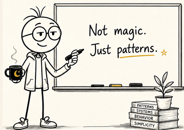 Milo Marker holding coffee and a marker beside a whiteboard that says Not magic. Just patterns.